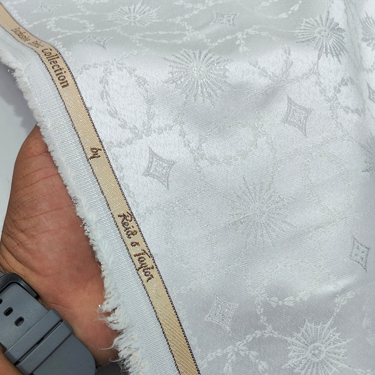 Reid & Taylor Jacquard Premium Bandhgala Fabric Colour Silver White
