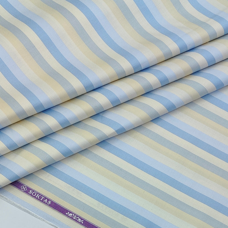 Shirt Fabric Soktas Finest 2Ply 100s Finest Giza Cotton Multi Width Vertical Stripes Colour Blue N Cream
