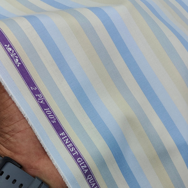 Shirt Fabric Soktas Finest 2Ply 100s Finest Giza Cotton Multi Width Vertical Stripes Colour Blue N Cream
