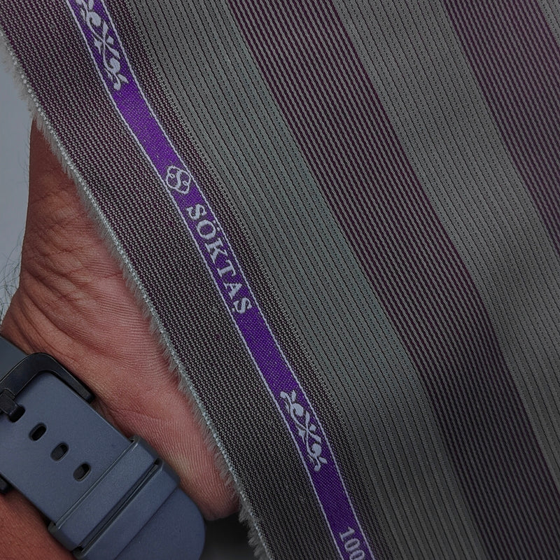 Shirt Fabric Soktas Finest 80s Giza Cotton Pencil Stripe Colour Dusty Brown N Plum