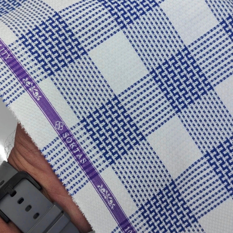 Shirt Fabric Soktas Finest 80s Giza Cotton Windowpane Check Colour Royal Blue N White