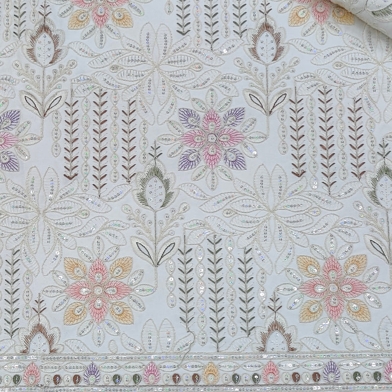 Kurta Fabric ManTire Designer Silk Chikankari Lucknowi Embroidery Colour Pastel Pink, Lavender Purple N Off White