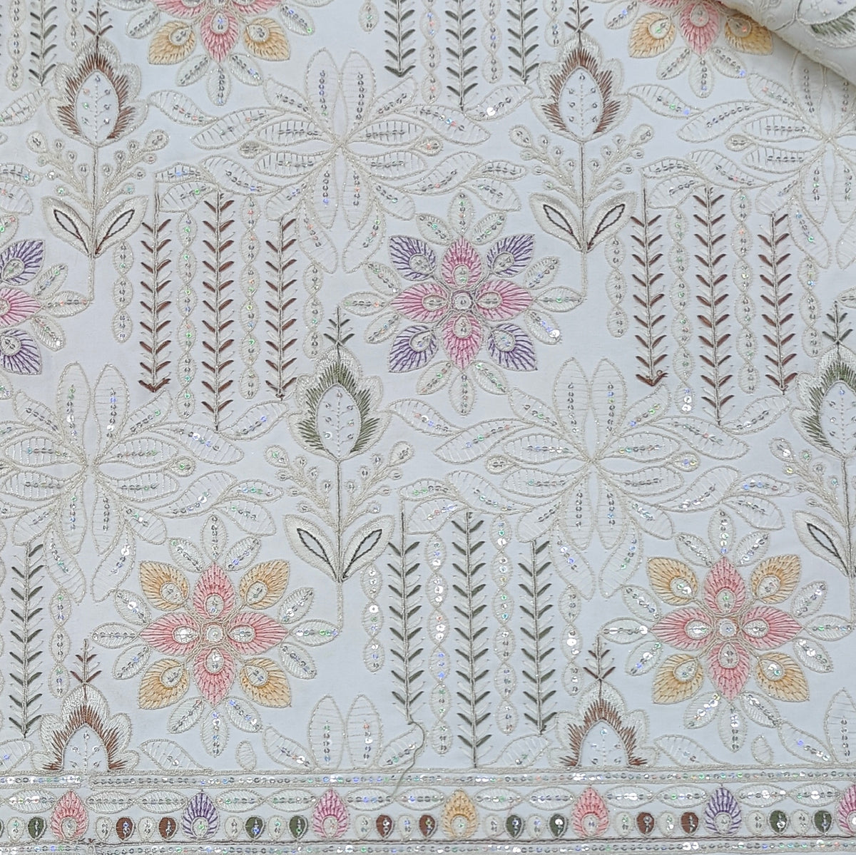Kurta Fabric ManTire Designer Silk Chikankari Lucknowi Embroidery Colour Pastel Pink, Lavender Purple N Off White