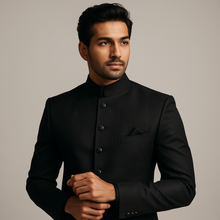 create indian male modal wearing black bandhgala