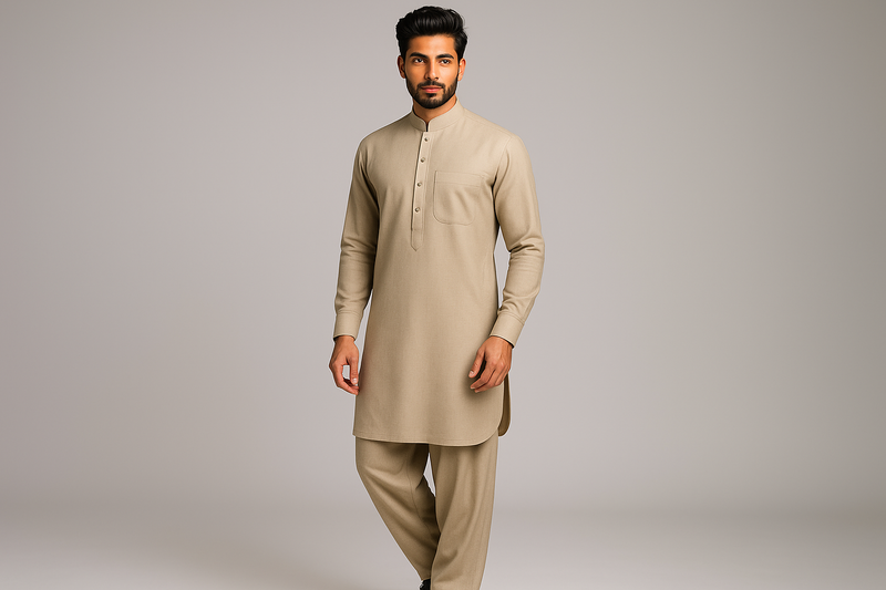 create indian modal wearing pathani plain kurta pajama 