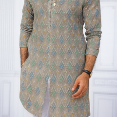 Kurta Fabric ManTire Designer Silk Embroidery Colour Silver N Green