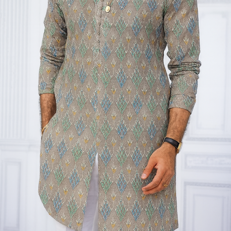 Kurta Fabric ManTire Designer Silk Embroidery Colour Silver N Green