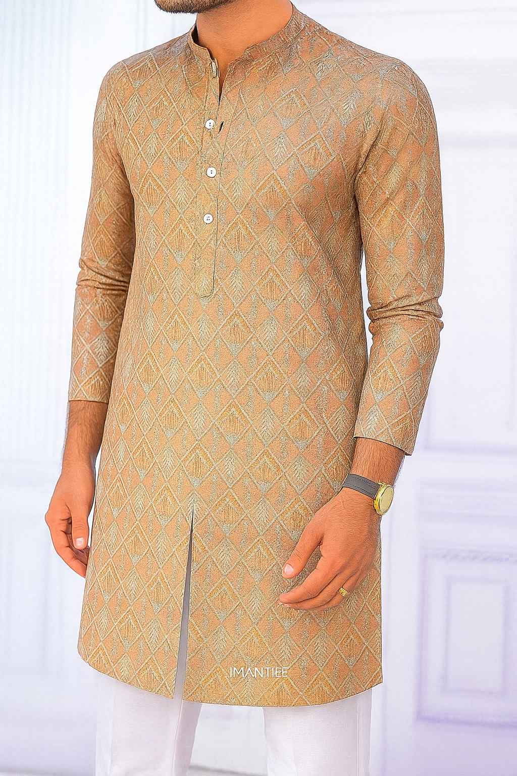 Kurta Fabric ManTire Designer Silk Embroidery Colour Peach