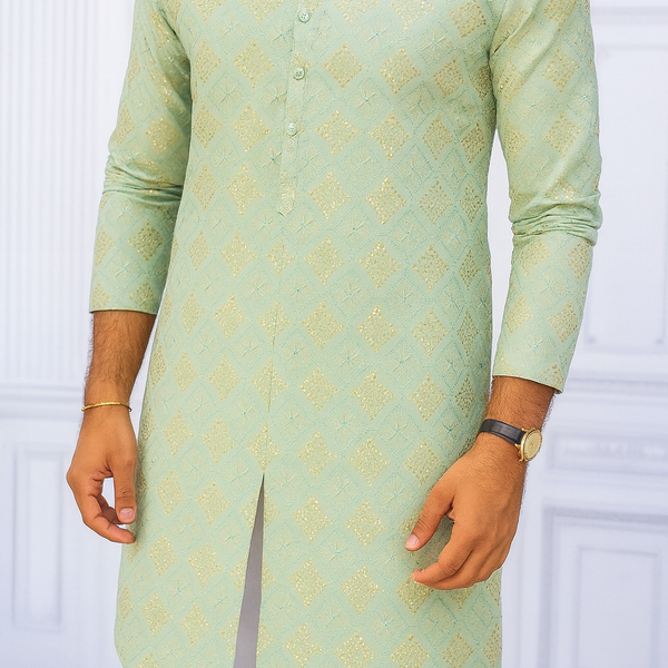 Kurta Fabric ManTire Designer Silk Embroidery Colour Light Green