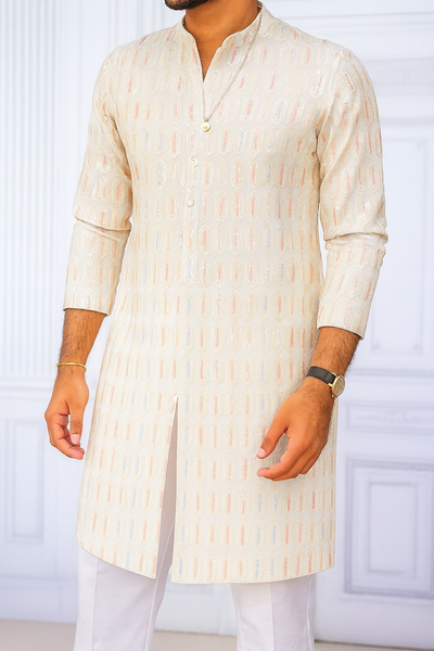 Kurta Fabric ManTire Designer Silk Embroidery Colour Off White