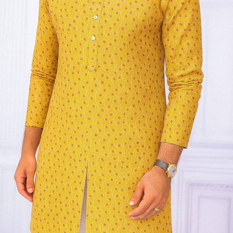 Kurta Fabric ManTire Designer Silk Embroidery Colour Golden N Peach