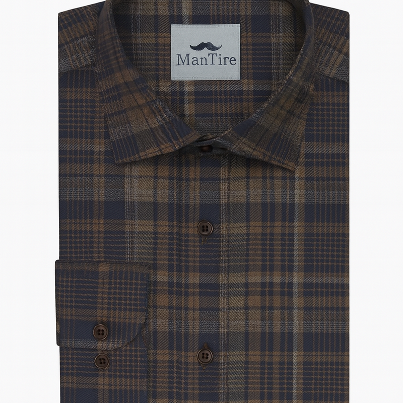 Shirt Fabric Soktas Giza Cotton Mix Check Colour Indigo Blue N Light Brown