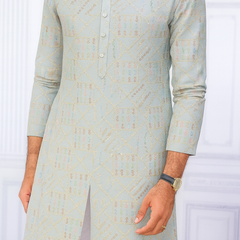 Kurta Fabric ManTire Designer Silk Embroidery Colour Off White N Very Light Grey