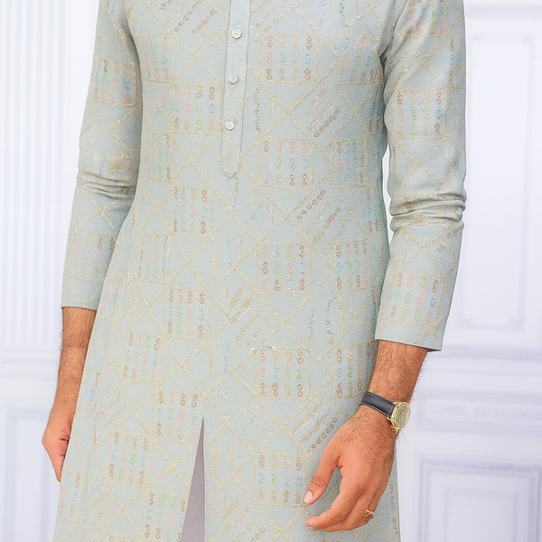 Kurta Fabric ManTire Designer Silk Embroidery Colour Off White N Light Green