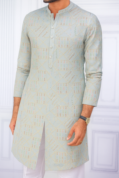 Kurta Fabric ManTire Designer Silk Embroidery Colour Off White N Light Green
