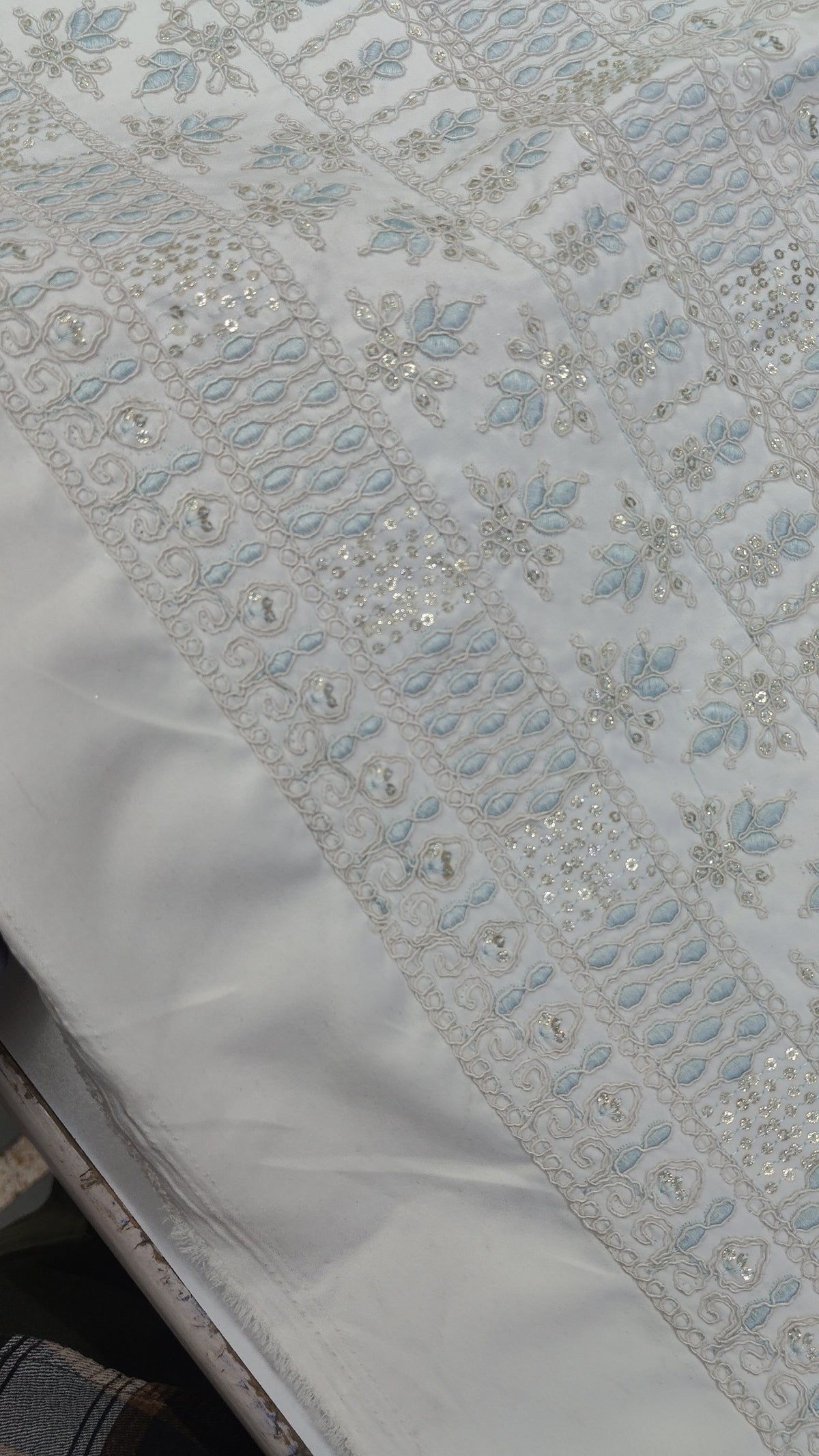 Kurta Fabric ManTire Designer Silk Lucknowi Chikankari Embroidery Colour Firozi N Off White