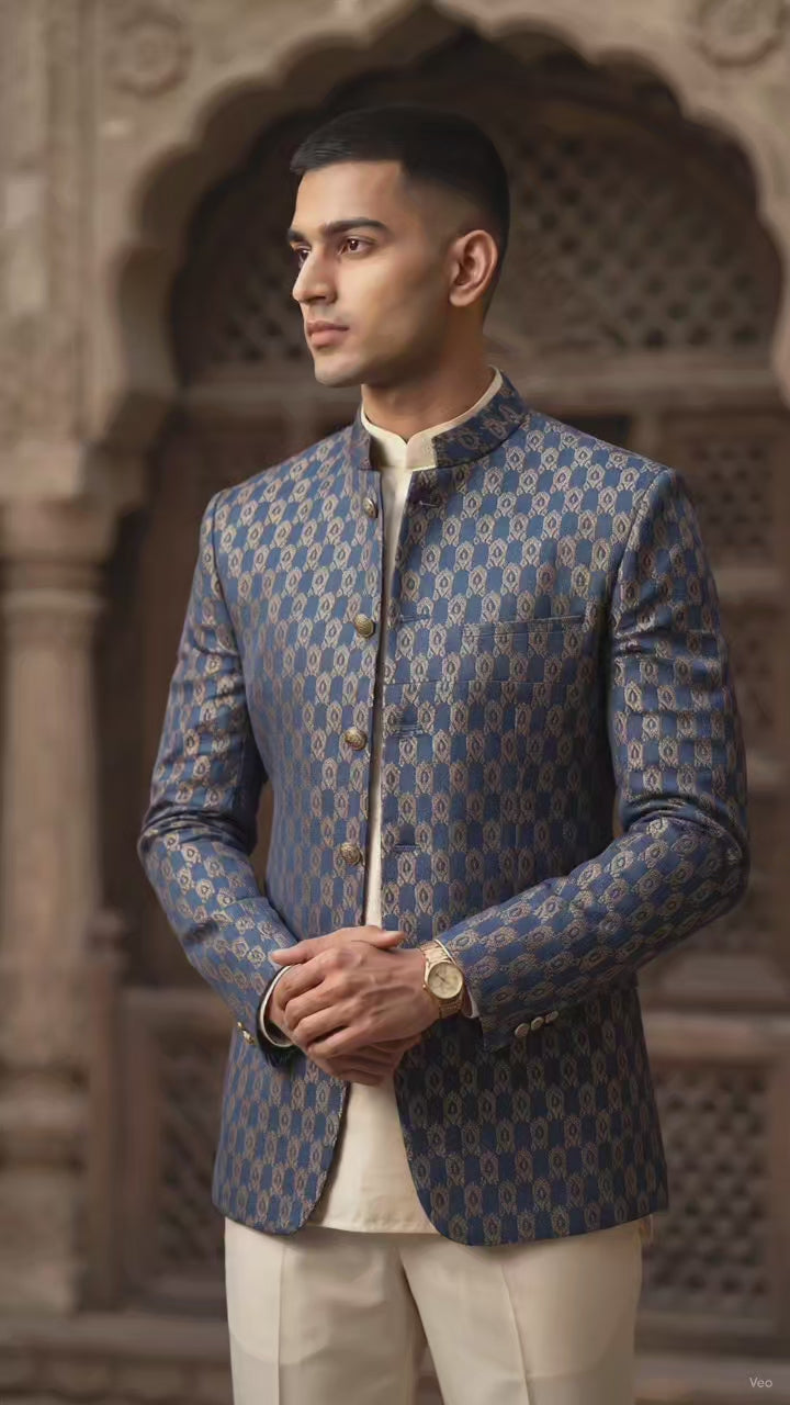 Achkan & Bandhgala Fabric ManTire Silk Fabric With Sequence Colour Midnight Blue