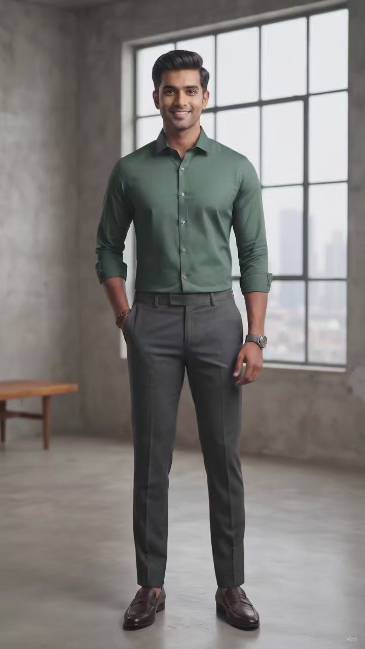 Pant Shirt Combo Vimal Zinc Grey Stretchable TR Trouser With Sage Green Plain Poly Viscose Shirt Fabric