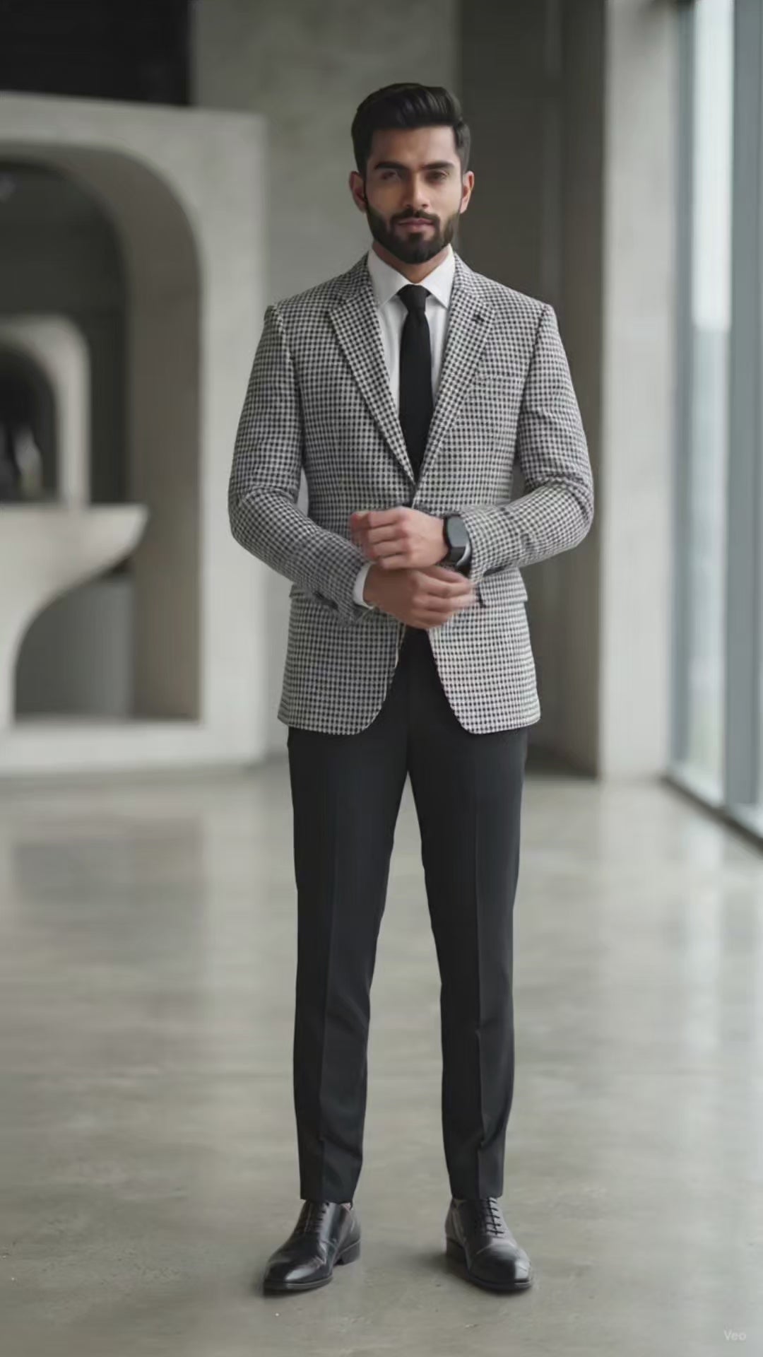 Tweed Blazer Fabric OCM Premium Wool Blended Houndstooth Check Colour Black N White