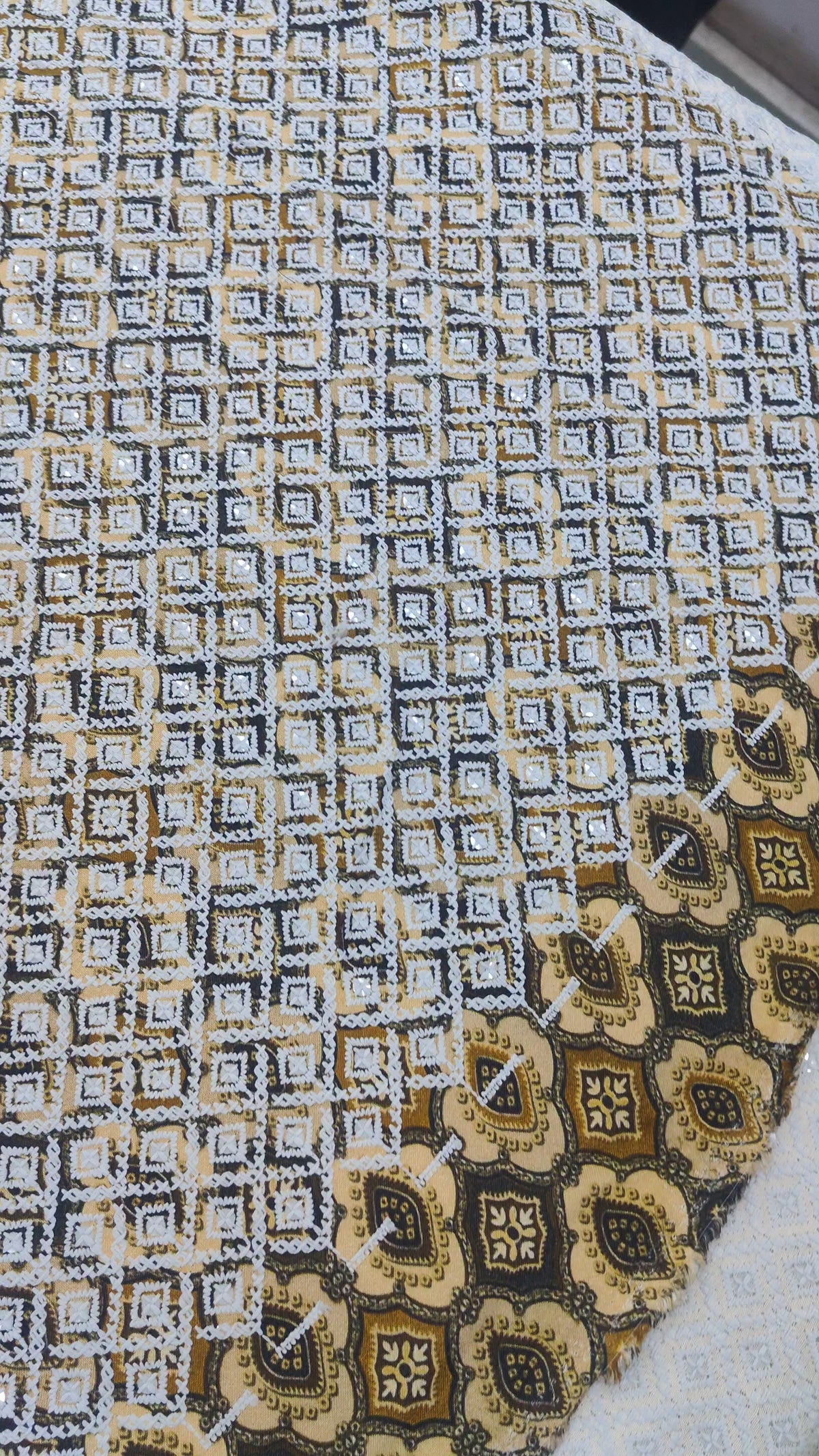Kurta Fabric ManTire Designer Rayon geometric diamond grid  Embroidery Colour Beige N Off White