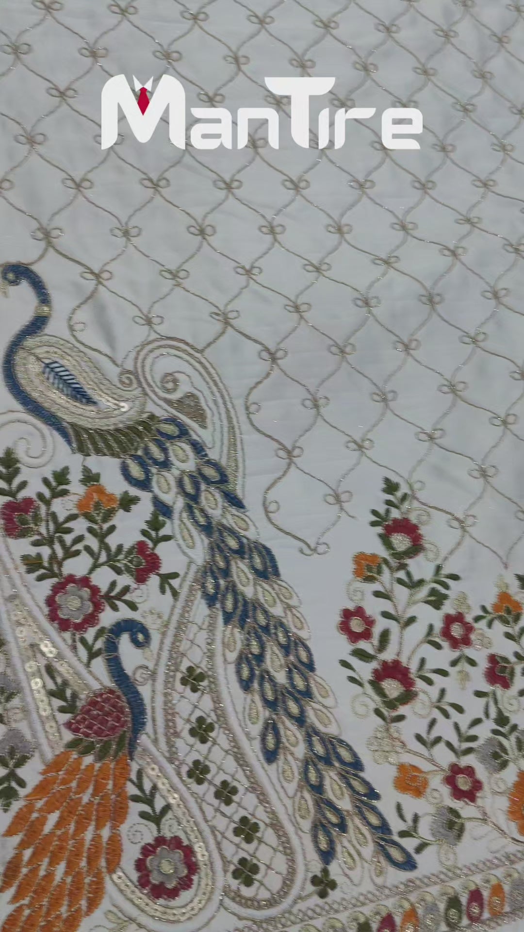 Kurta Fabric ManTire Designer Silk Peacock Motif Embroidery Colour Teal Blue,Red, Green N Off White