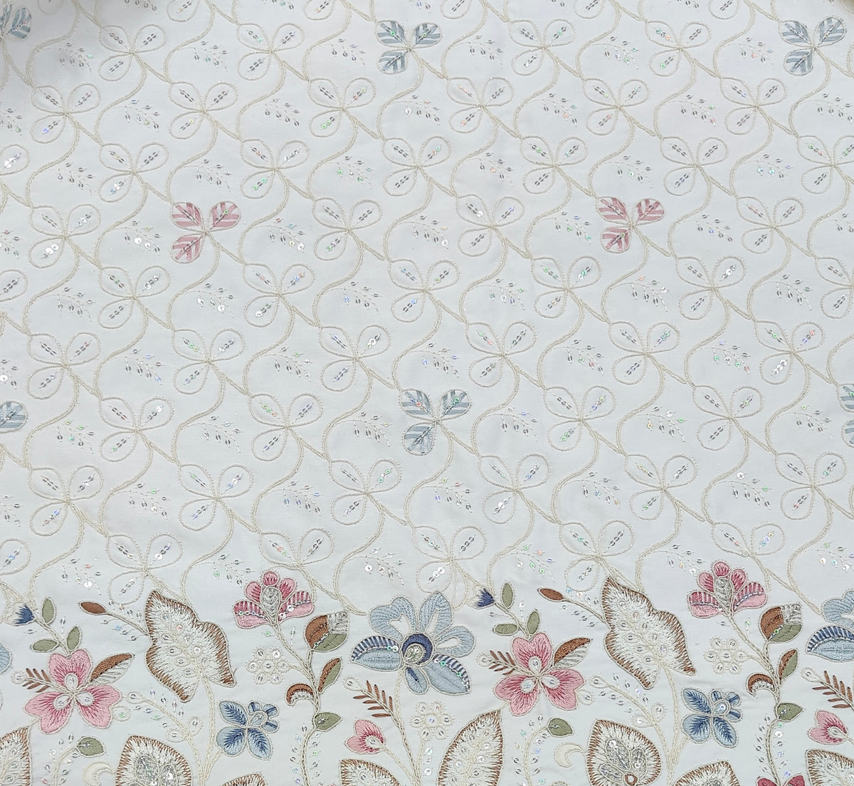 Kurta Fabric ManTire Designer Silk Floral Sequins Embroidery Colour White