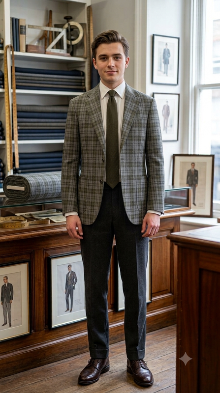 Raymond Super 100s count 100% Wool Tweed Windowpane Check Blazer Fabric Colour Grey N Dull Green