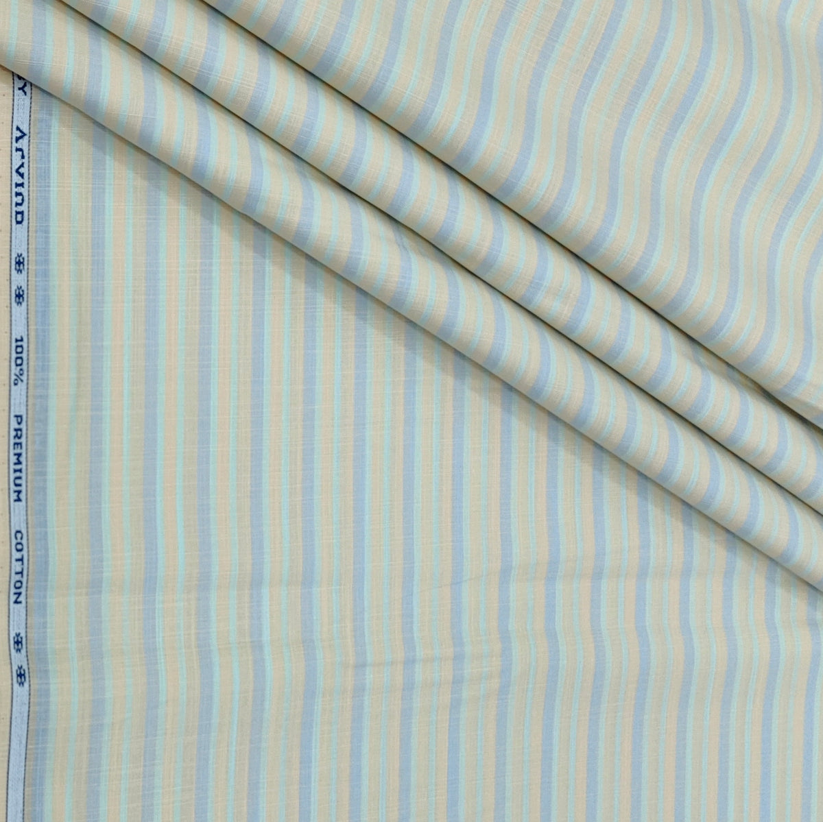 Shirt Fabric Arvind 100% Pure Cotton Vertical Stripes Colour Pale Green N Light Bluish Grey