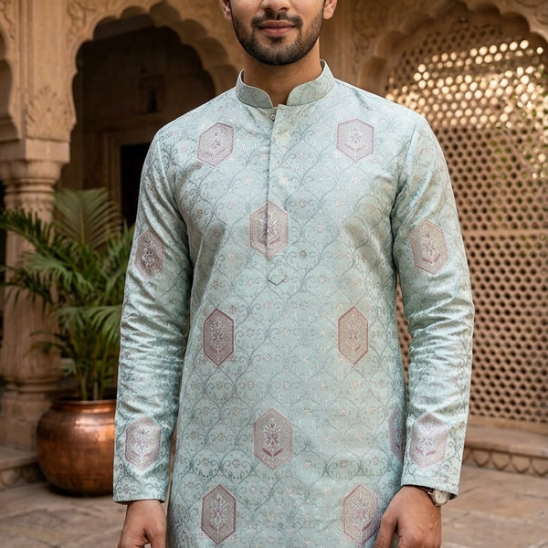 Kurta Fabric ManTire Designer Silk Mehraab Boota Embroidery Colour Sea Green