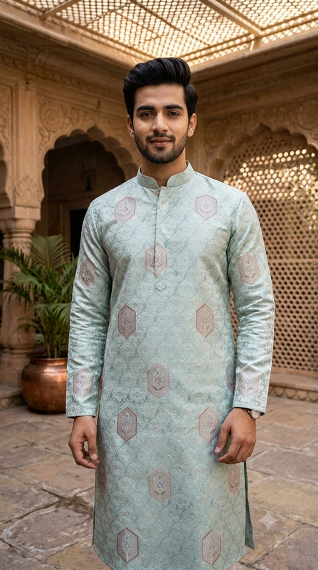 Kurta Fabric ManTire Designer Silk Mehraab Boota Embroidery Colour Sea Green