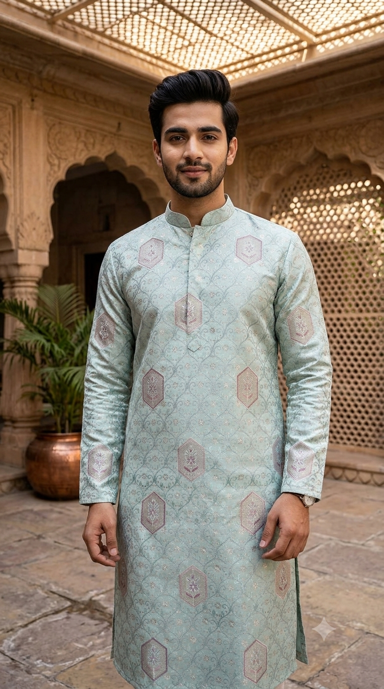 Kurta Fabric ManTire Designer Silk Mehraab Boota Embroidery Colour Sea Green