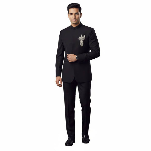 ManTire Premium Designer Bandhgala Suit Fabric With Handwork Colour Black
