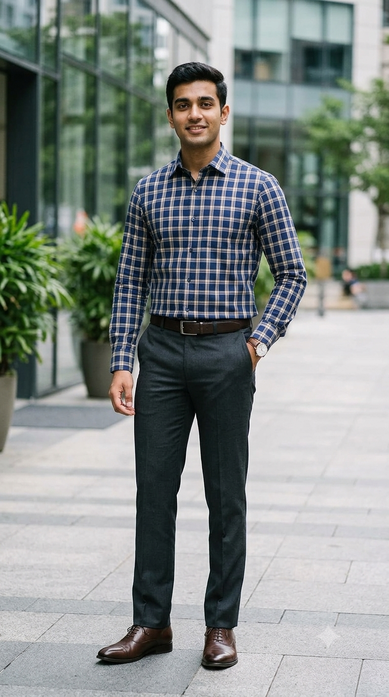 Shirt Fabric Donear Premium Giza Cotton Windowpane Check Colour Indigo Blue