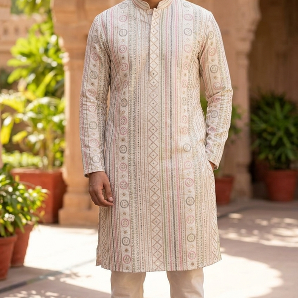 Kurta Fabric ManTire Designer Silk Lucknowi Chikankari Embroidery Colour Multicolour