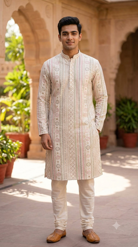 Kurta Fabric ManTire Designer Silk Lucknowi Chikankari Embroidery Colour Multicolour