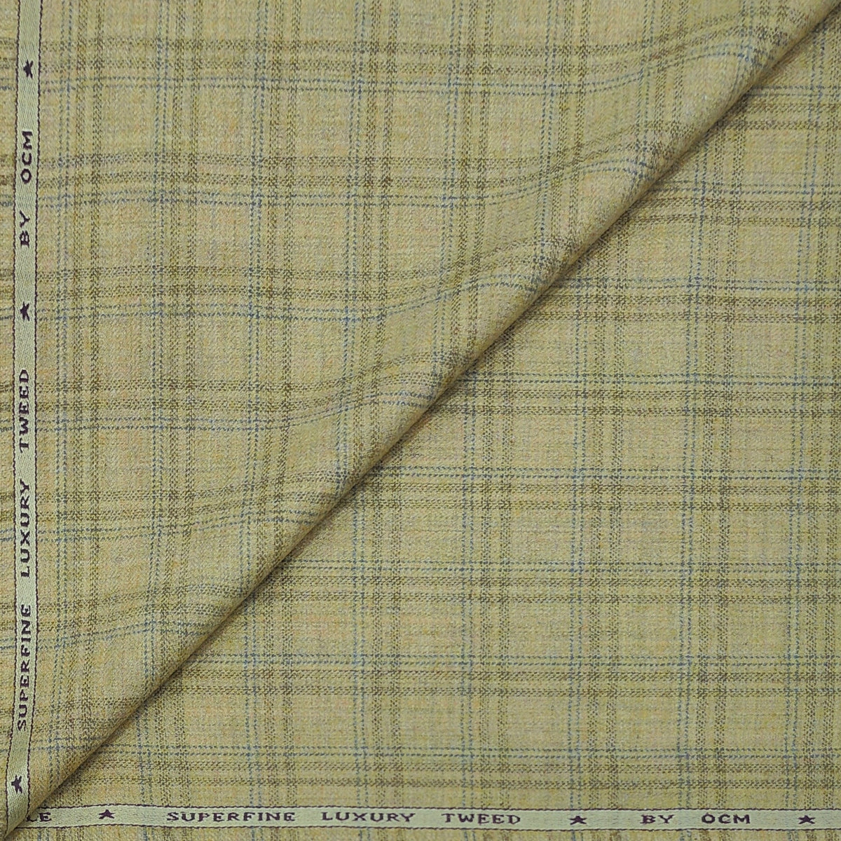 Tweed Blazer Fabric OCM Premium Wool Blended Fancy Grid Check Colour Light Yellow N Blue