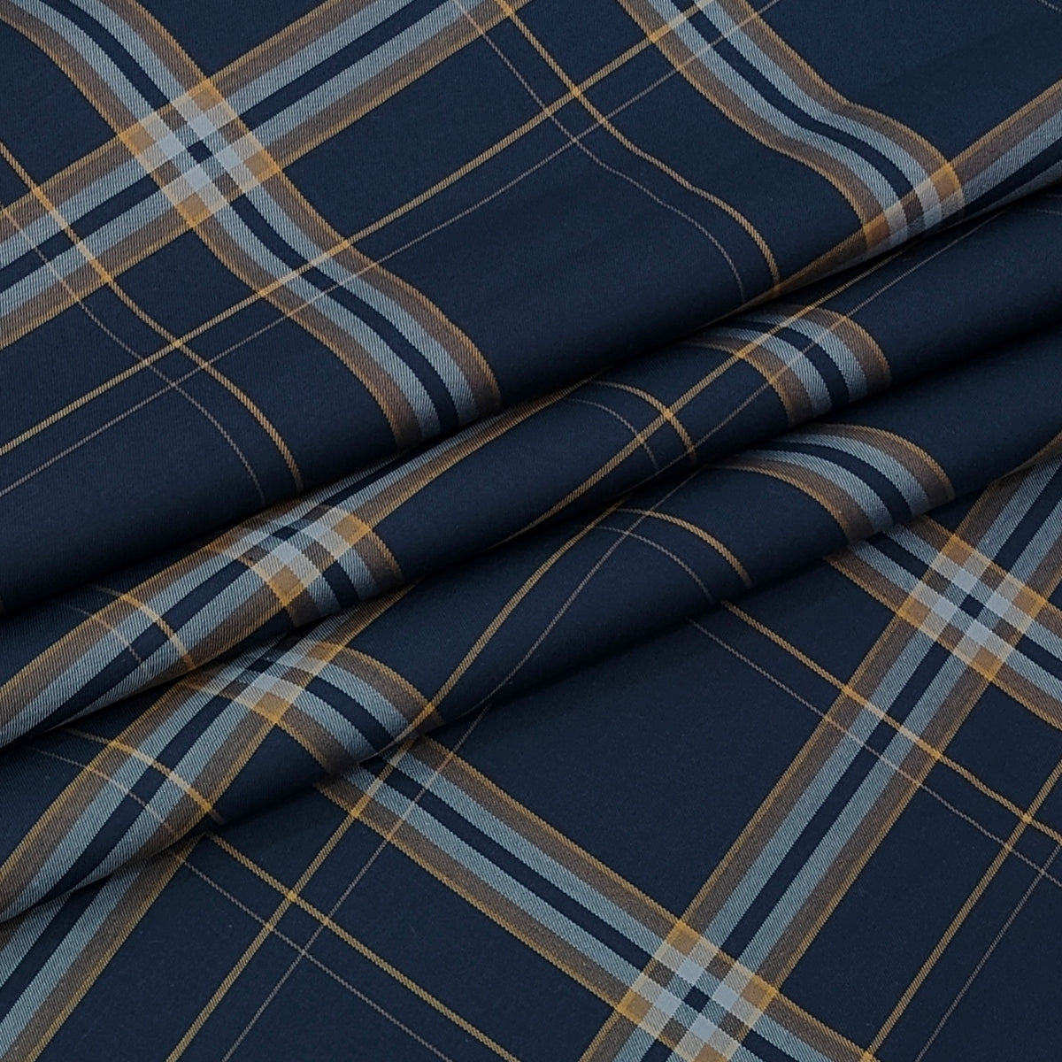Shirt Fabric Donear LA Finish Premium Giza Cotton Tartan Check Colour Space Blue N Gold Brown