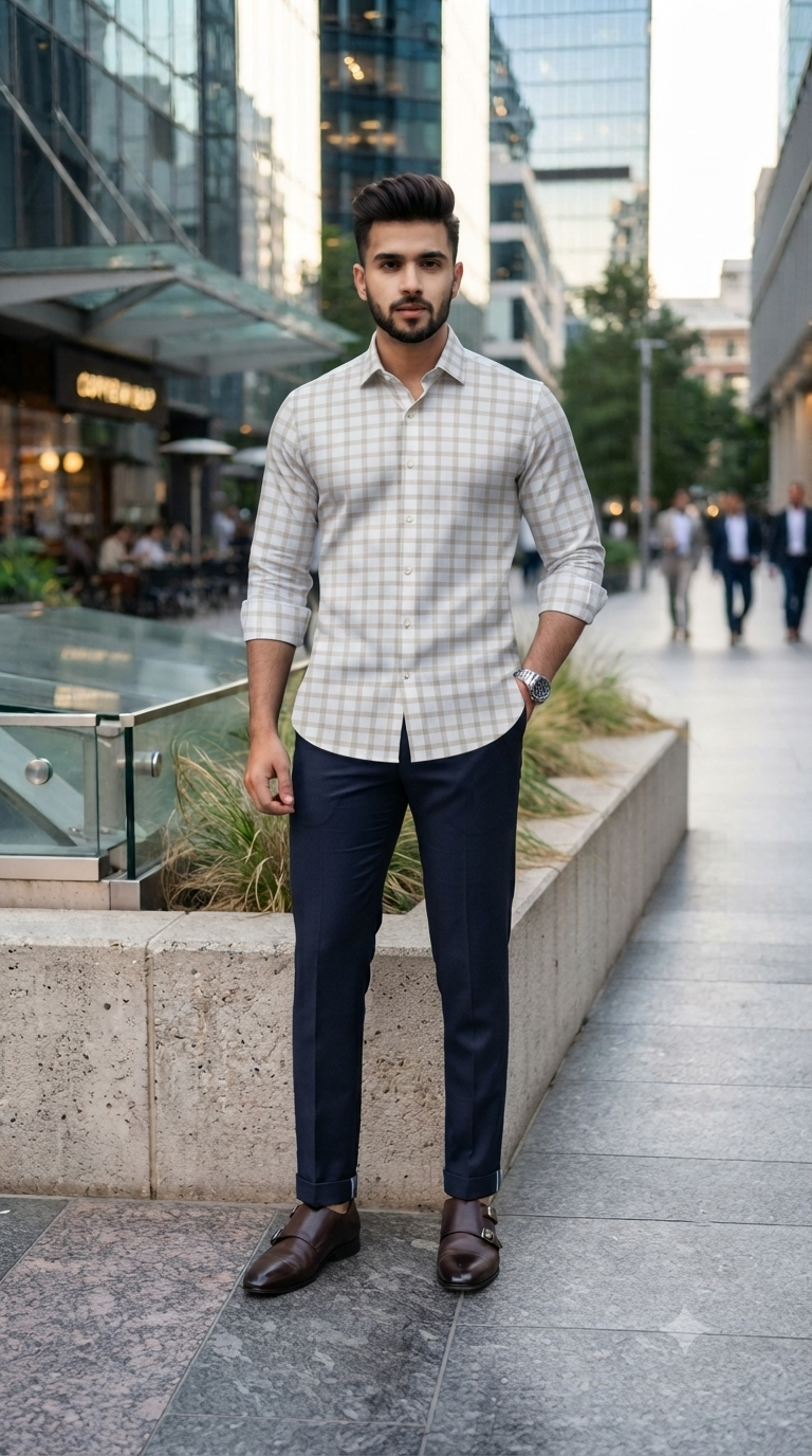 Combo Siyaram Space Blue Trouser Fabric And Mantire Poly Cotton Broad Check Brown N White Shirt Fabric