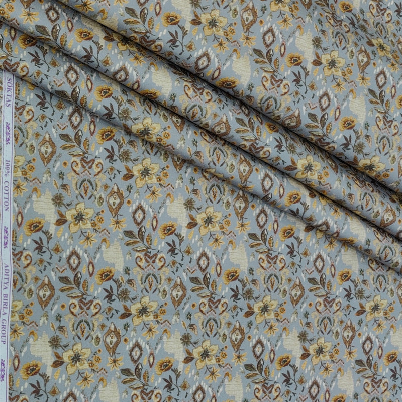 Shirt Fabric Soktas Finest 60s Giza Cotton Digital Print Colour Greyish Blue N Earthy Brown