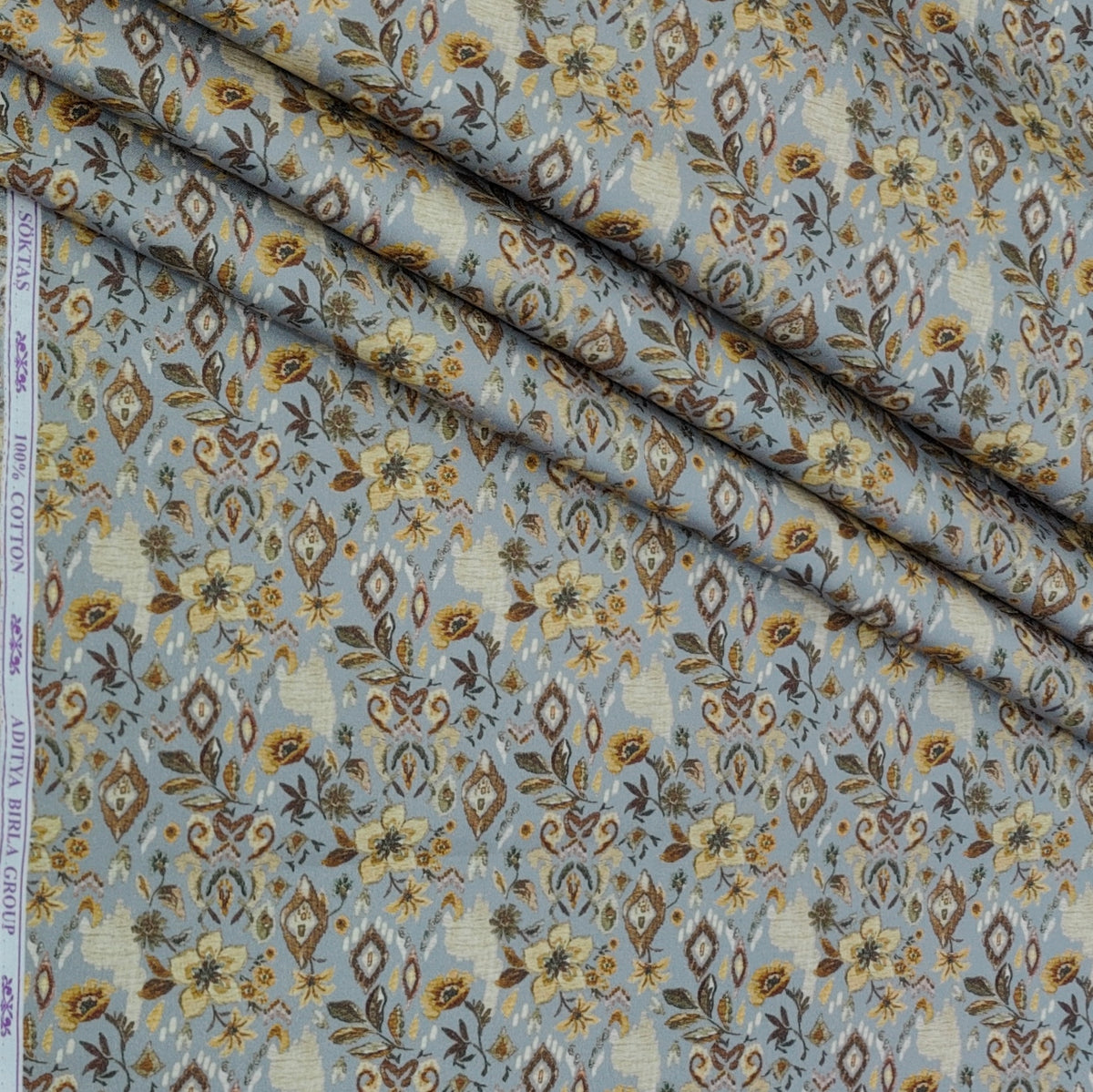 Shirt Fabric Soktas Finest 60s Giza Cotton Digital Print Colour Greyish Blue N Earthy Brown