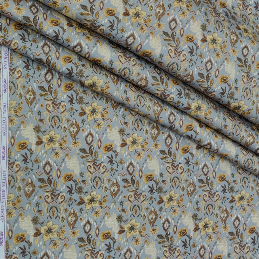 Shirt Fabric Soktas Finest 60s Giza Cotton Digital Print Colour Greyish Blue N Earthy Brown