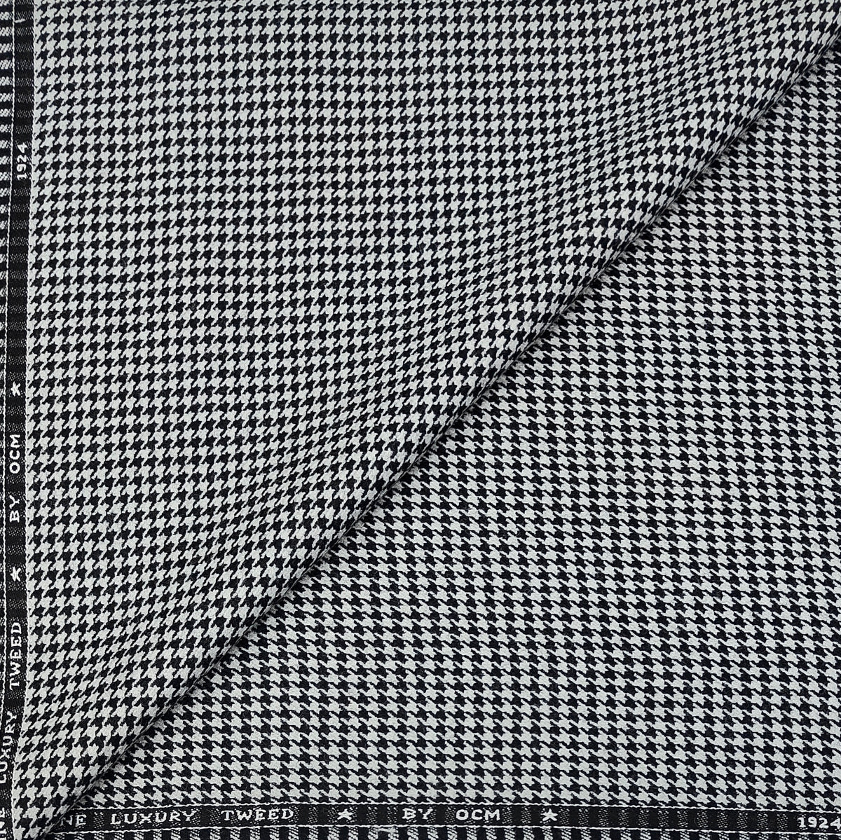 Tweed Blazer Fabric OCM Premium Wool Blended Houndstooth Check Colour Black N White