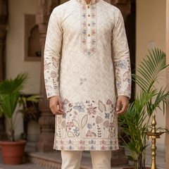 Kurta Fabric ManTire Designer Silk Floral Sequins Embroidery Colour White