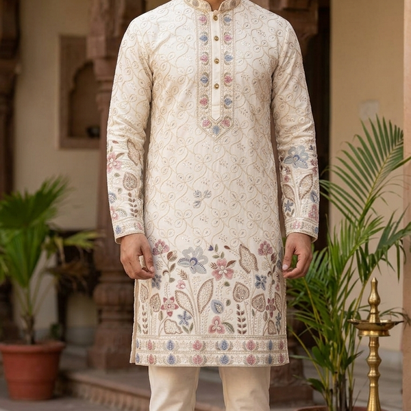 Kurta Fabric ManTire Designer Silk Floral Sequins Embroidery Colour White