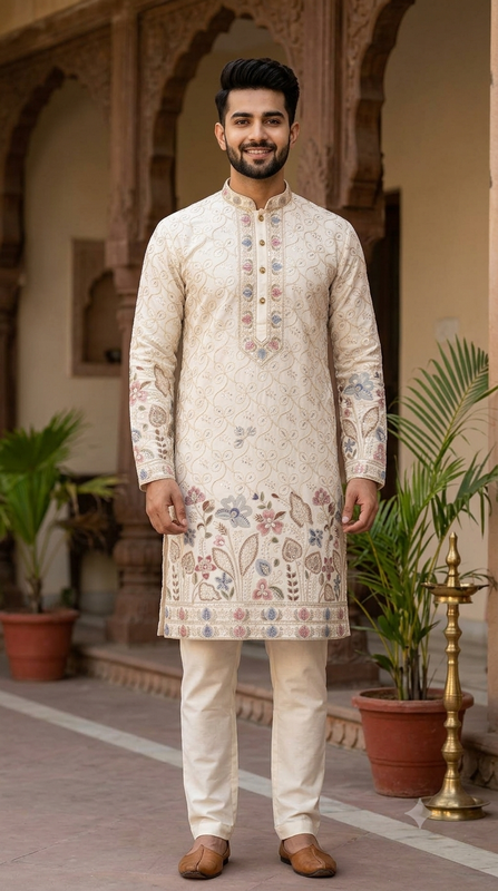 Kurta Fabric ManTire Designer Silk Floral Sequins Embroidery Colour White