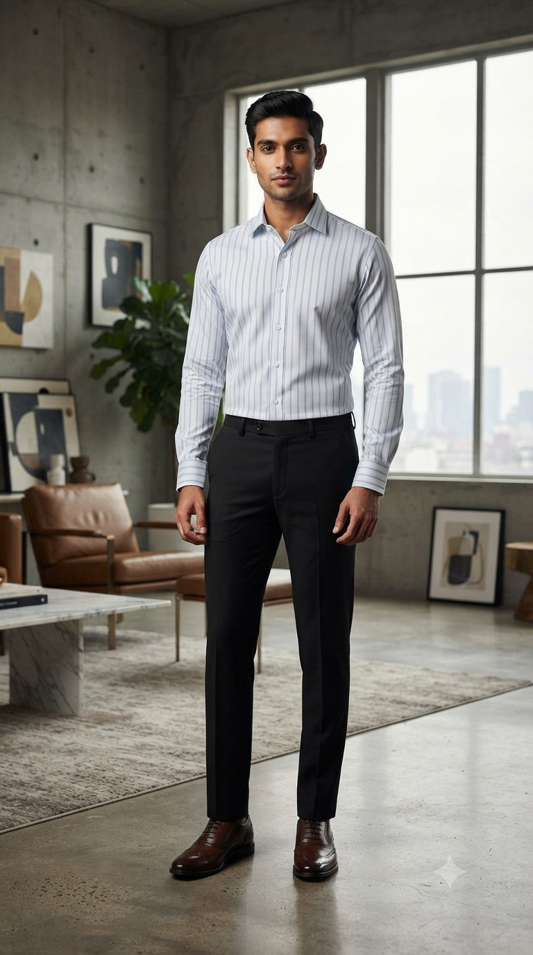 Combo Raymond Black Trouser Fabric And Donear Giza Cotton Broad Stripe Light Blue N White Shirt Fabric