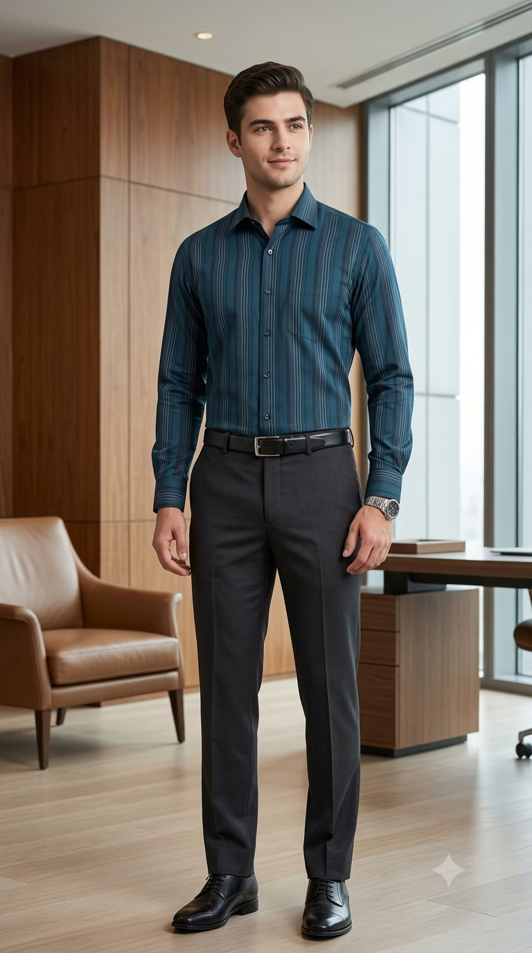 Shirt Fabric Donear LA Finish Premium Giza Cotton Broad Shadow Stripe Colour Peacock Blue