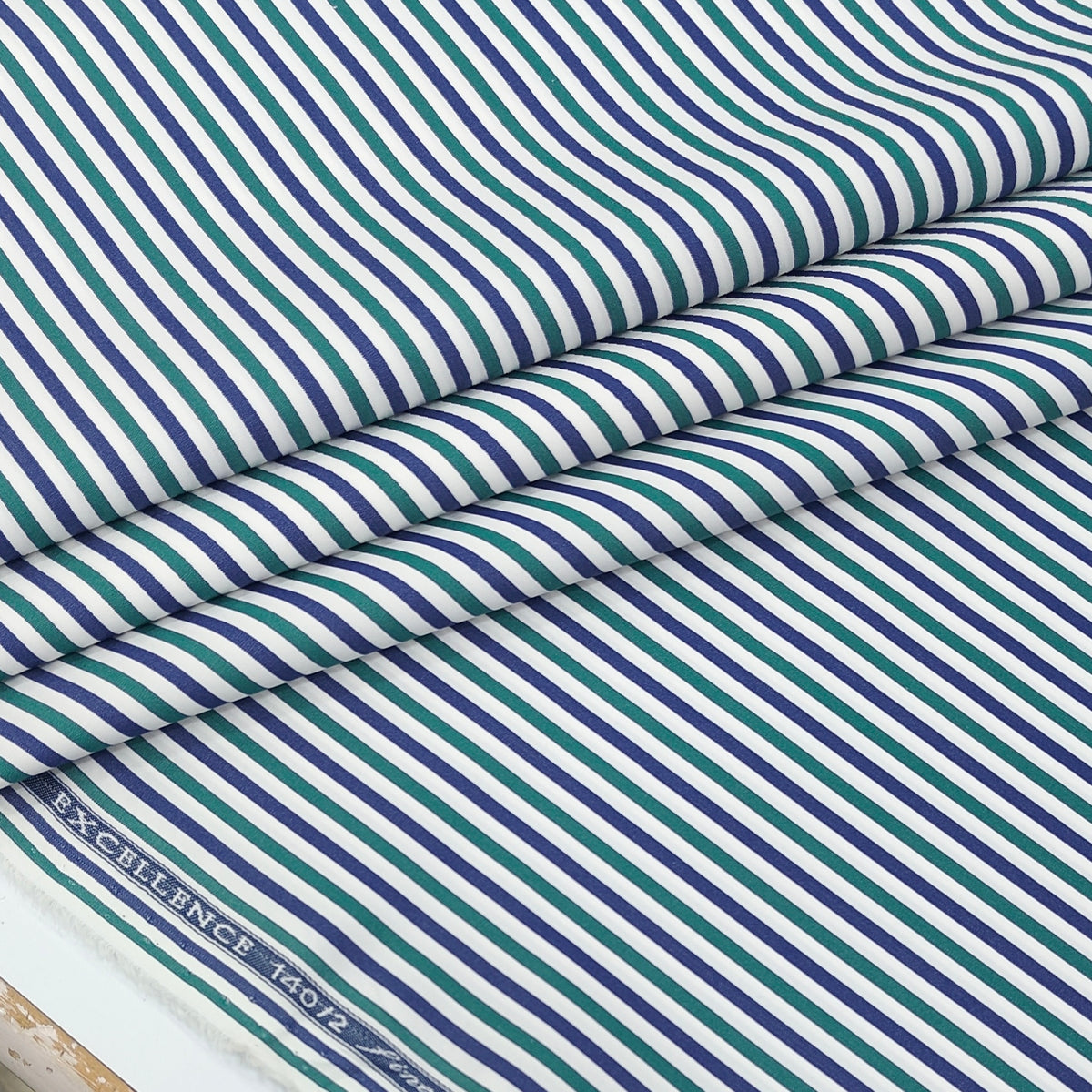Shirt Fabric Soktas 140/2 Giza Cotton Track Stripe Colour Dark Blue, Emerald Green N Crisp White