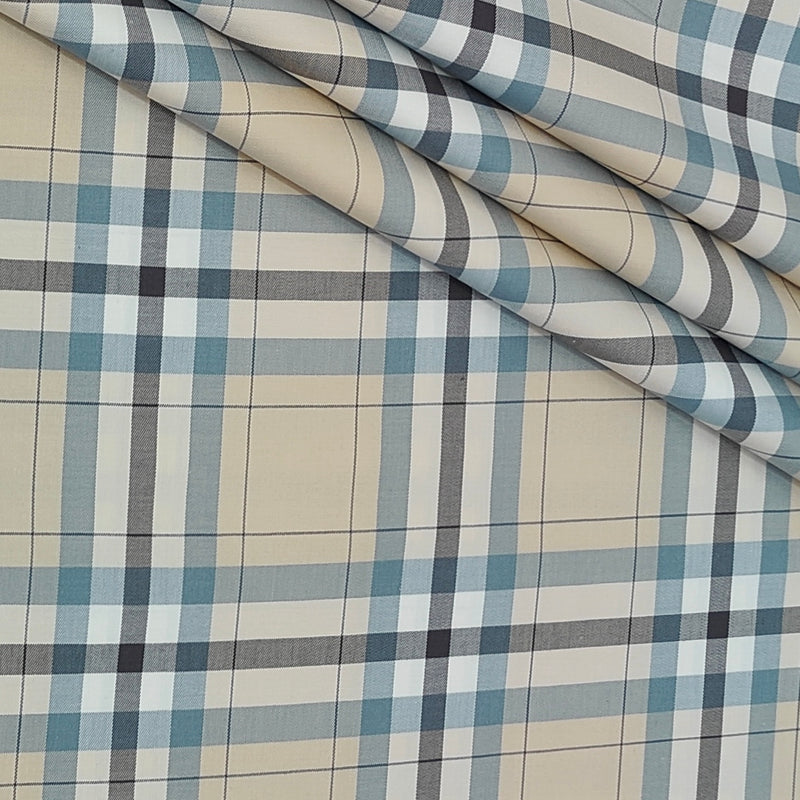 Shirt Fabric Donear LA Finish Premium Giza Cotton Tartan Check Colour Beige N Greyish Blue