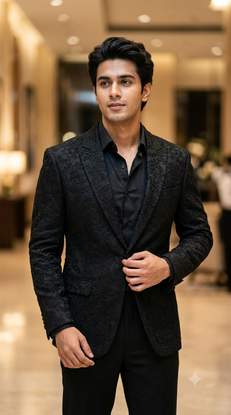 Tuxido Blazer Fabric ManTire Italian Stretchable Jacquard Colour Black